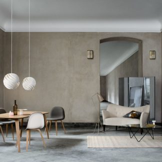 3DDiningChairFrontUpholsteredWoodBaseHirekShell_TurboPendant_GUBIDiningTableRectangular_PedreraCoffeeTable_GrashoppaFloorLamp_On